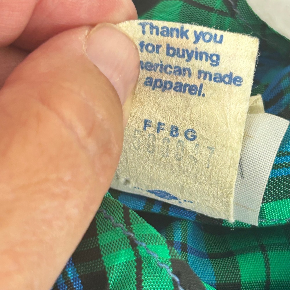 Vintage JCPenney Fashions Plaid Blouse Green Blue Ruffle Neck ILGWU USA 13/14 - Picture 8 of 9
